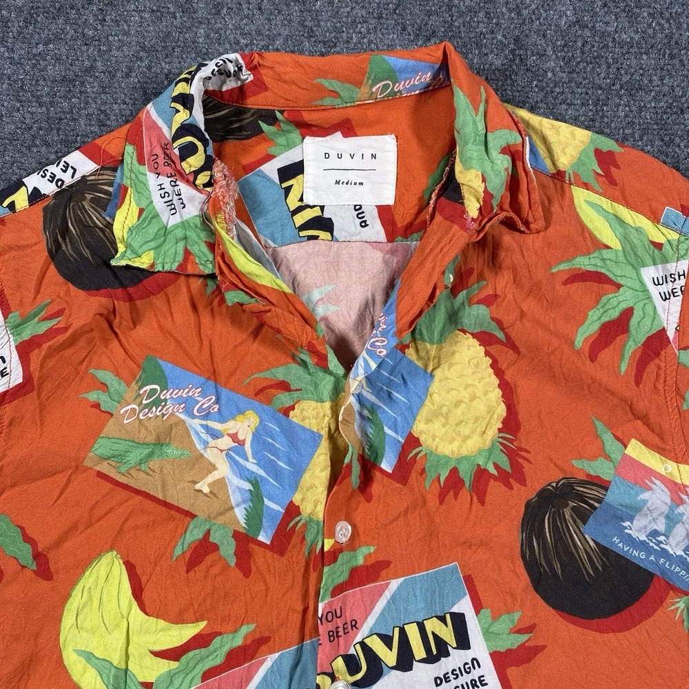 Duvin Design Hawaiian Aloha Loop Collar Camp Button Shirt Mens Medium Viscose